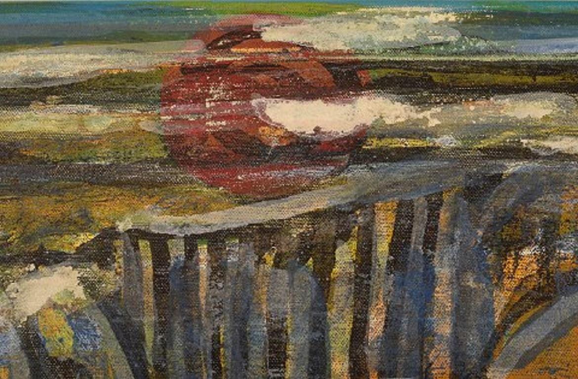 Ivy Lysdal, b 1937. Danish ceramist and painter.
Acrylic on canvas.
Abstract modernist painting. Colorful palette,
late 20th century
Canvas measures: 50 x 40 cm.
Provenance: The artist's own studio.

Educated at The Arts & Craft School in