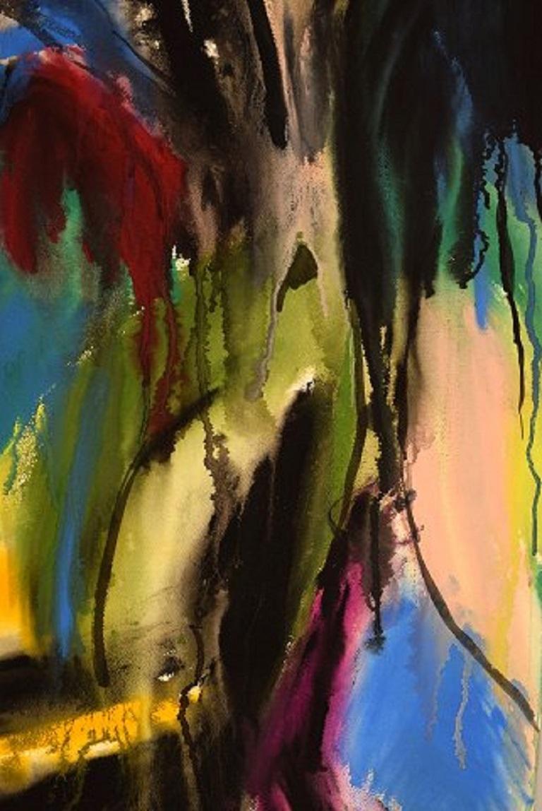 Ivy Lysdal, b 1937. Danish ceramist and painter. 
Gouache on cardboard. 
Abstract modernist painting. Colorful palette.
Dated 1992.
Signed
Measures: 103,5 x 64,5 cm.
Provenance: The artist's own studio.

Educated at the Arts & Craft School