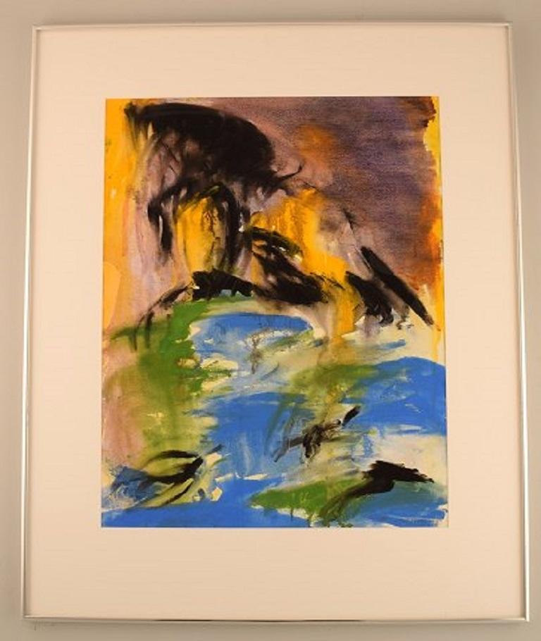 Ivy Lysdal, b 1937. Danish ceramist and painter. Gouache on paper. Abstract modernist painting. Colorful palette. Dated 1992.
Visible dimensions: 57 x 45 cm.
Total dimensions: 78 x 64 cm.
Frame measures: 0.7 cm.
Signed.
Provenance: The artist's