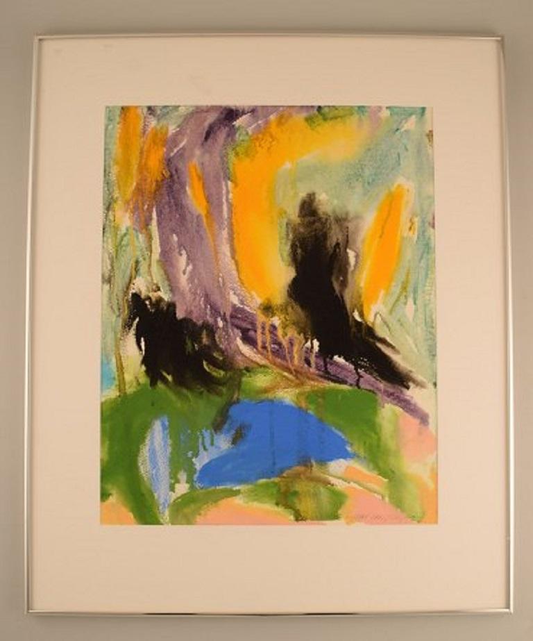 Ivy Lysdal, geboren 1937. Dänischer Keramiker und Maler. Gouache auf Papier. Abstrakte modernistische Malerei. Bunte Palette. Datiert 1992.
Sichtbare Abmessungen: 57 x 45 cm.
Abmessungen insgesamt: 78 x 64 cm.
Maße des Rahmens: 0.7