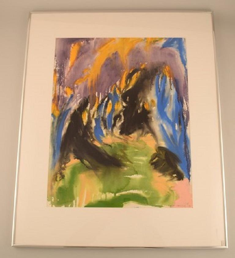 Ivy Lysdal, geboren 1937. Dänischer Keramiker und Maler. Gouache auf Papier. Abstrakte modernistische Malerei. Bunte Palette. Datiert 1992.
Sichtbare Abmessungen: 57 x 45 cm.
Abmessungen insgesamt: 78 x 64 cm.
Maße des Rahmens: 0.7