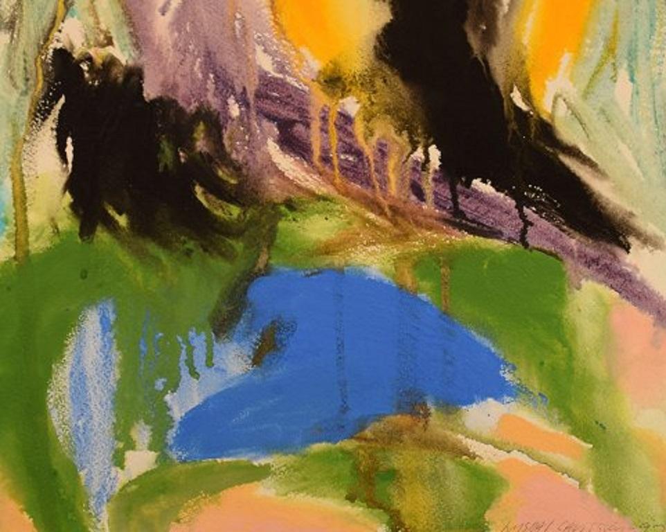 Ivy Lysdal, geb. 1937, Gouache auf Papier, abstraktes modernistisches Gemälde, datiert 1992 (Dänisch) im Angebot