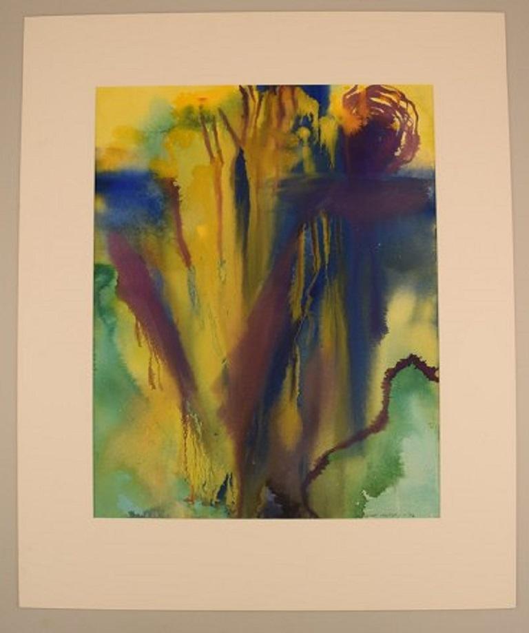 Ivy Lysdal, nata nel 1937. Ceramista e pittore danese. Guazzo su carta. Pittura astratta modernista. Tavolozza colorata. Datato 1996
Dimensioni visibili: 57 x 45 cm.
Dimensioni totali: 79 x 65 cm.
Firmato.
Provenienza: Studio dell'artista.

Ha