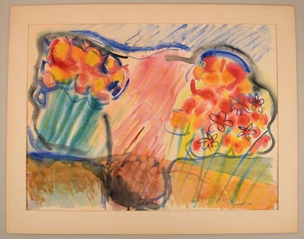 Ivy Lysdal, b 1937. Danish ceramist and painter. Gouache on paper. Modernist painting. Colorful palette. 
Dated 1986.
Visible dimensions: 75 x 55 cm.
Total dimensions: 87 x 68.5 cm.
Signed.
Provenance: The artist's own studio.

Educated at