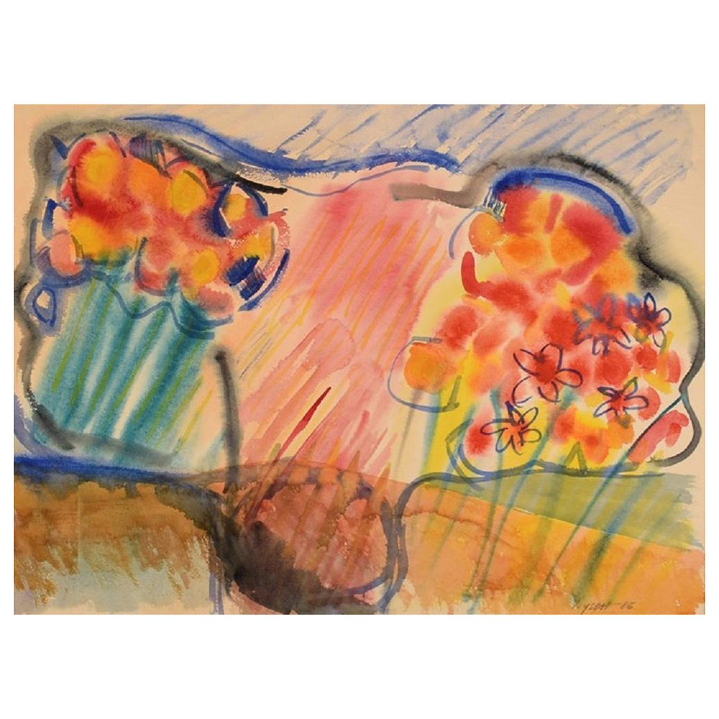 Ivy Lysdal, Gouache on Paper, Modernist Painting, Dated 1986 For Sale