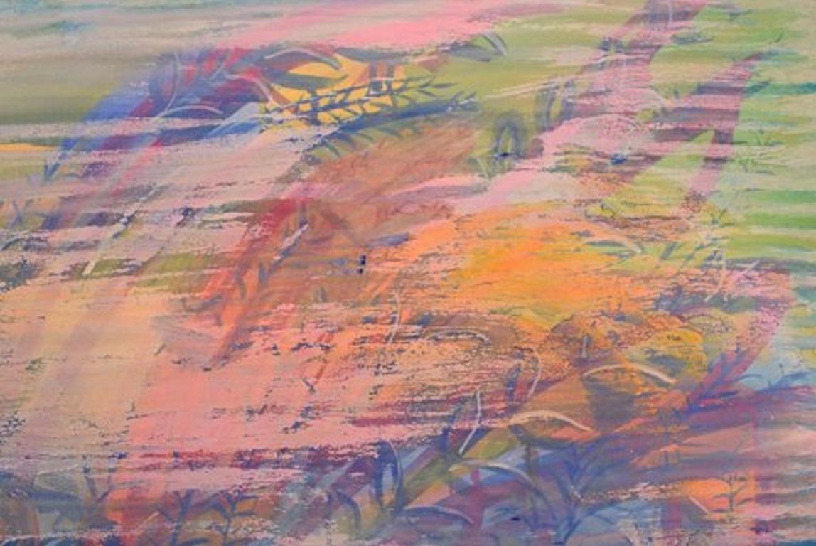 Ivy Lysdal, geboren 1937. Dänischer Keramiker und Maler. 
Gouache und Ölkreide auf Karton. 
Abstrakte modernistische Malerei. Bunte Palette. 
Datiert 1989.
Unterschrieben.
Maße: 100 x 70 cm.
Provenienz: Eigenes Atelier des