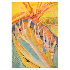 Ivy Lysdal, Gouache und Ölkreide auf Karton, abstraktes modernistisches Gemälde