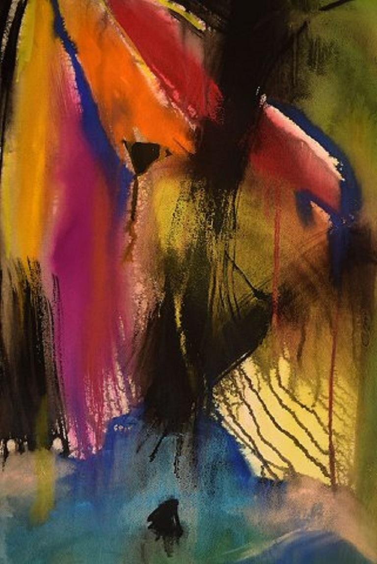 Ivy Lysdal, b 1937. Danish ceramist and painter. 
Gouache on cardboard. 
Abstract modernist painting. Colorful palette. 
Dated 1992. Signed.
Measures: 103 x 65.5 cm.
Provenance: The artist's own studio

Educated at the Arts & Craft School in