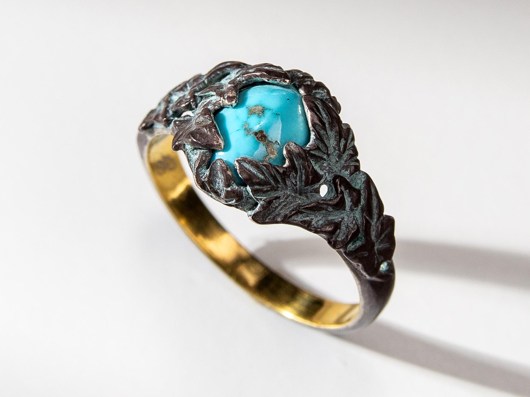 Ivy Ring Turquoise in Patinated Gold Silver Antique Style For Sale 3