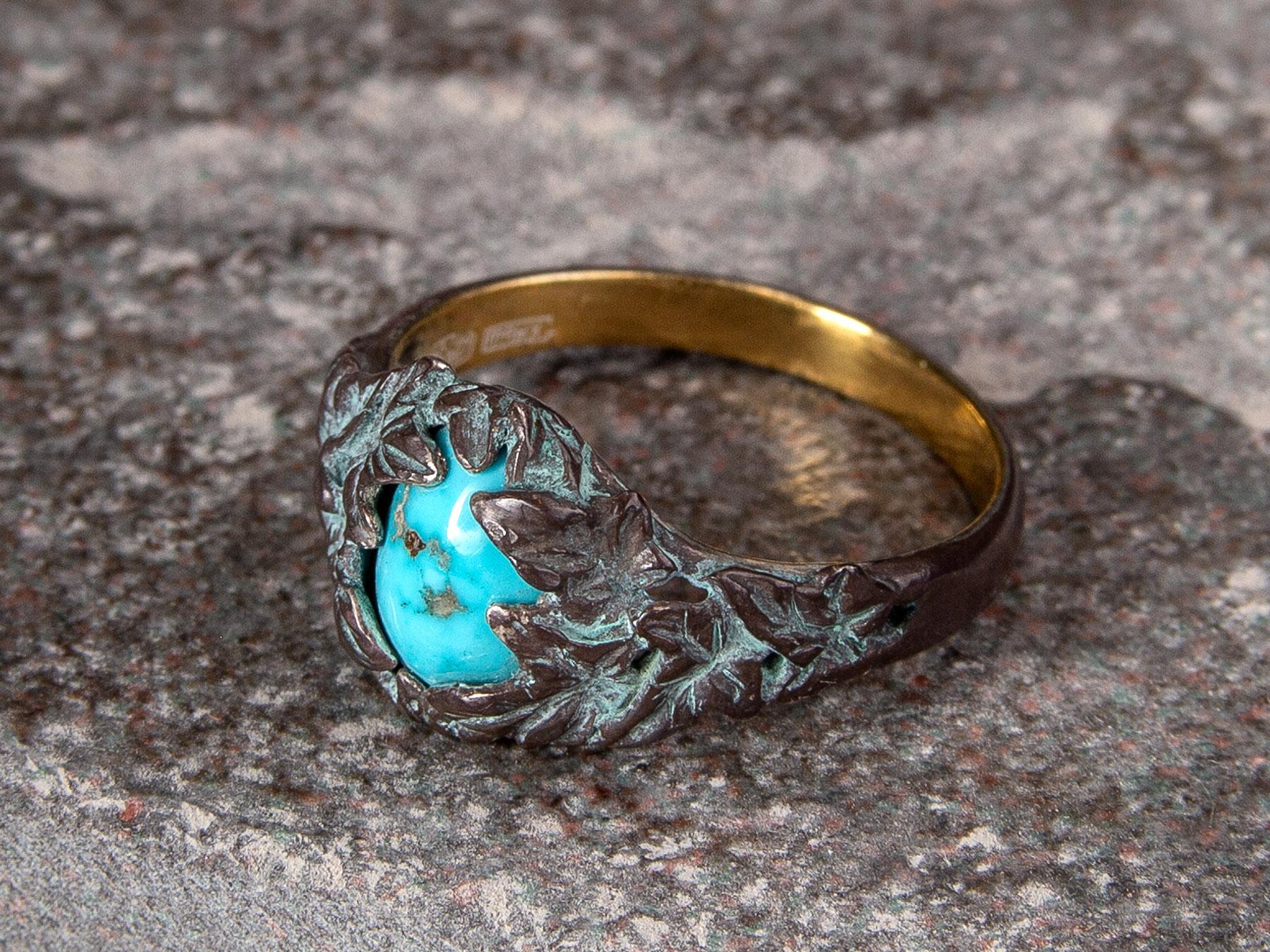 Ivy Ring Turquoise in Patinated Gold Silver Antique Style For Sale 4