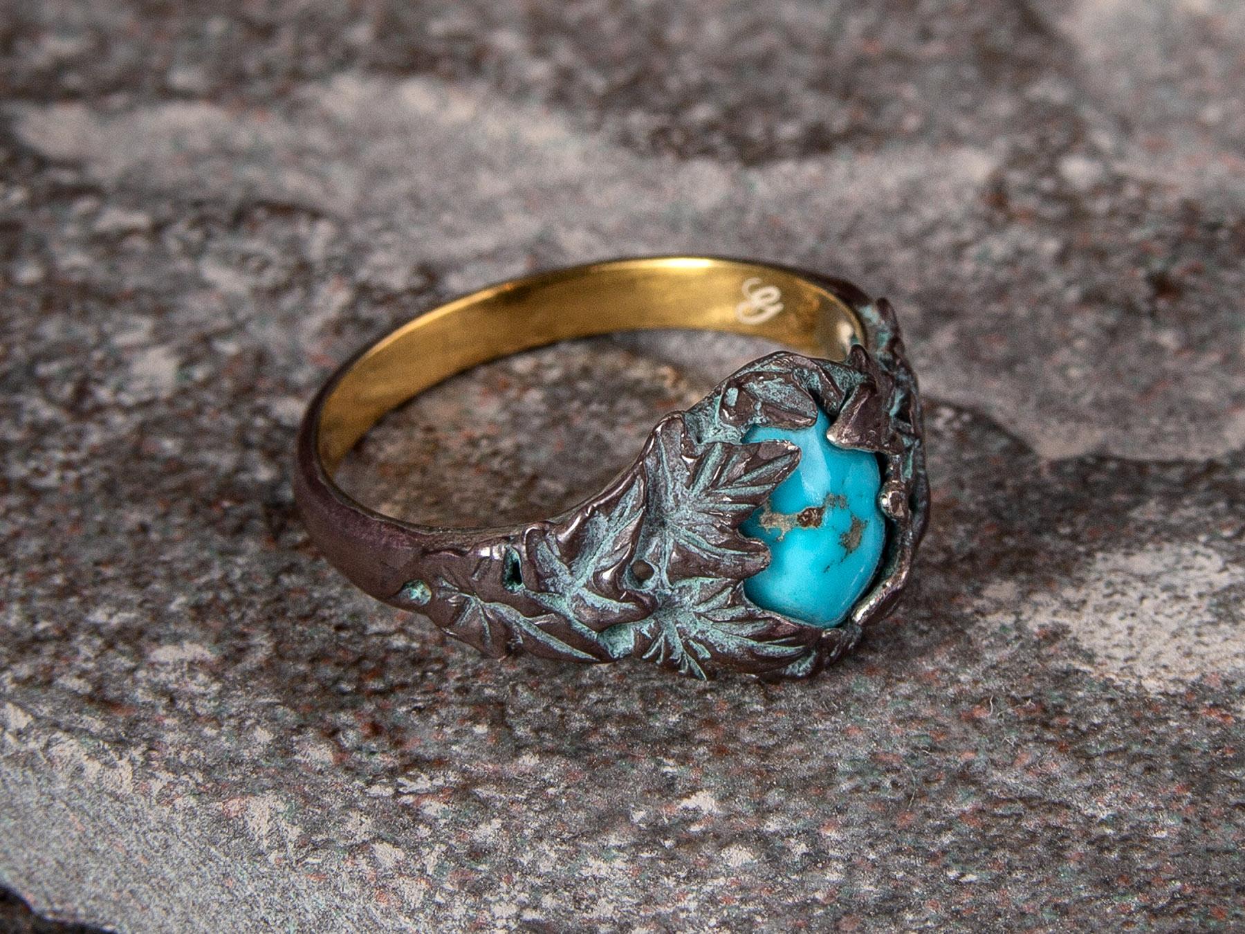 Ivy Ring Turquoise in Patinated Gold Silver Antique Style For Sale 5