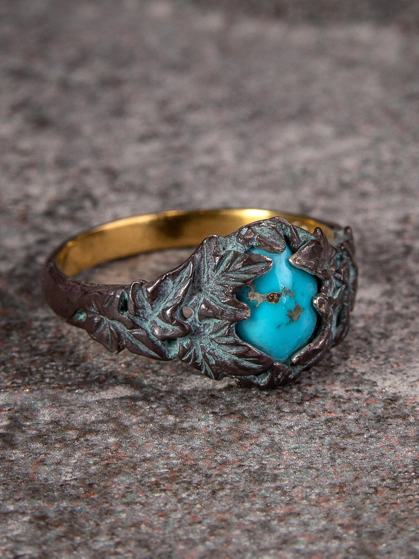 Ivy Ring Turquoise in Patinated Gold Silver Antique Style For Sale 7