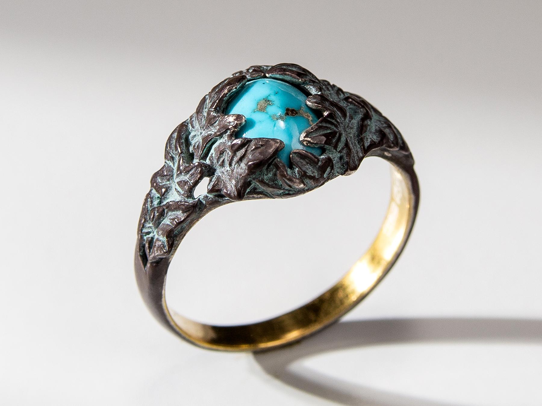 Antic style patinated and gold plated silver ring 
with natural cabochon-cut Turquoise
turquoise measurements - 0.079 х 0.2 х 0.35 in
turquoise weight - 1.5 carat
ring weight - 3.2 grams
ring size - 7.75 US (this ring may be resized, please contact