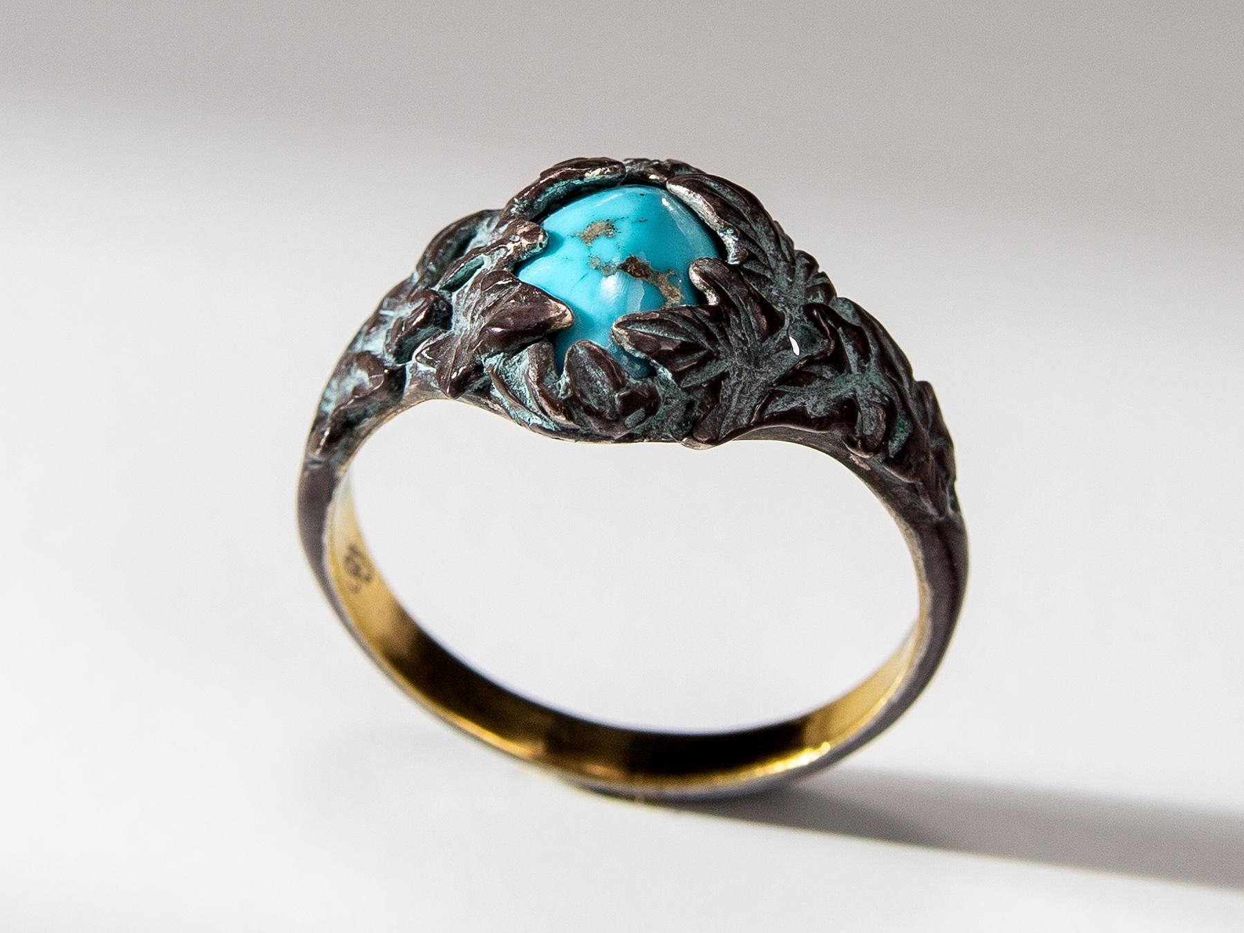 Art Nouveau Ivy Ring Turquoise in Patinated Gold Silver Antique Style For Sale