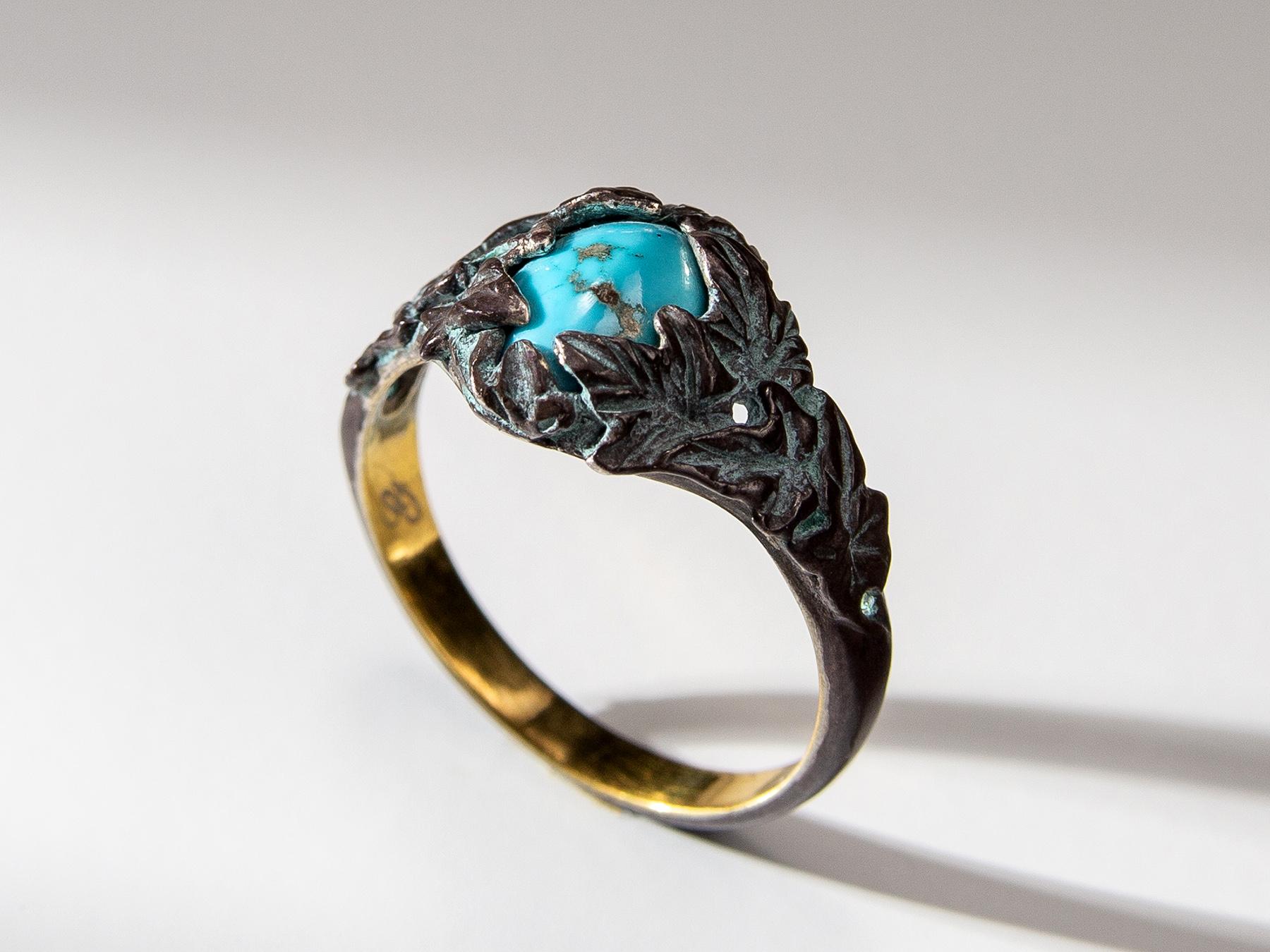 Oval Cut Ivy Ring Turquoise in Patinated Gold Silver Antique Style For Sale