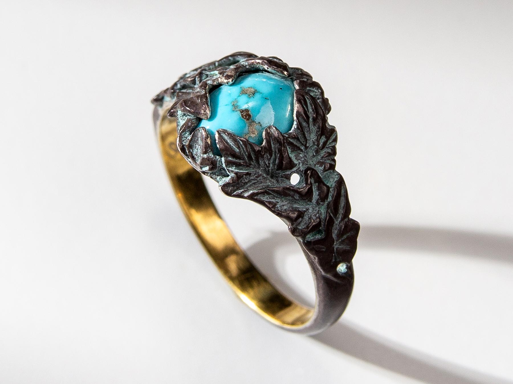 Ivy Ring Turquoise in Patinated Gold Silver Antique Style In New Condition For Sale In Berlin, DE