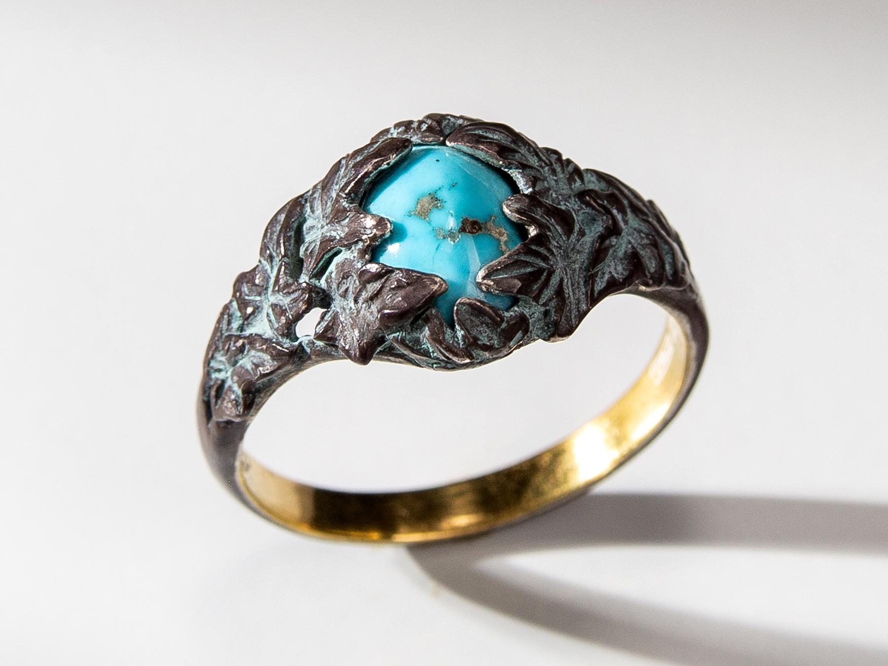 Women's or Men's Ivy Ring Turquoise in Patinated Gold Silver Antique Style For Sale