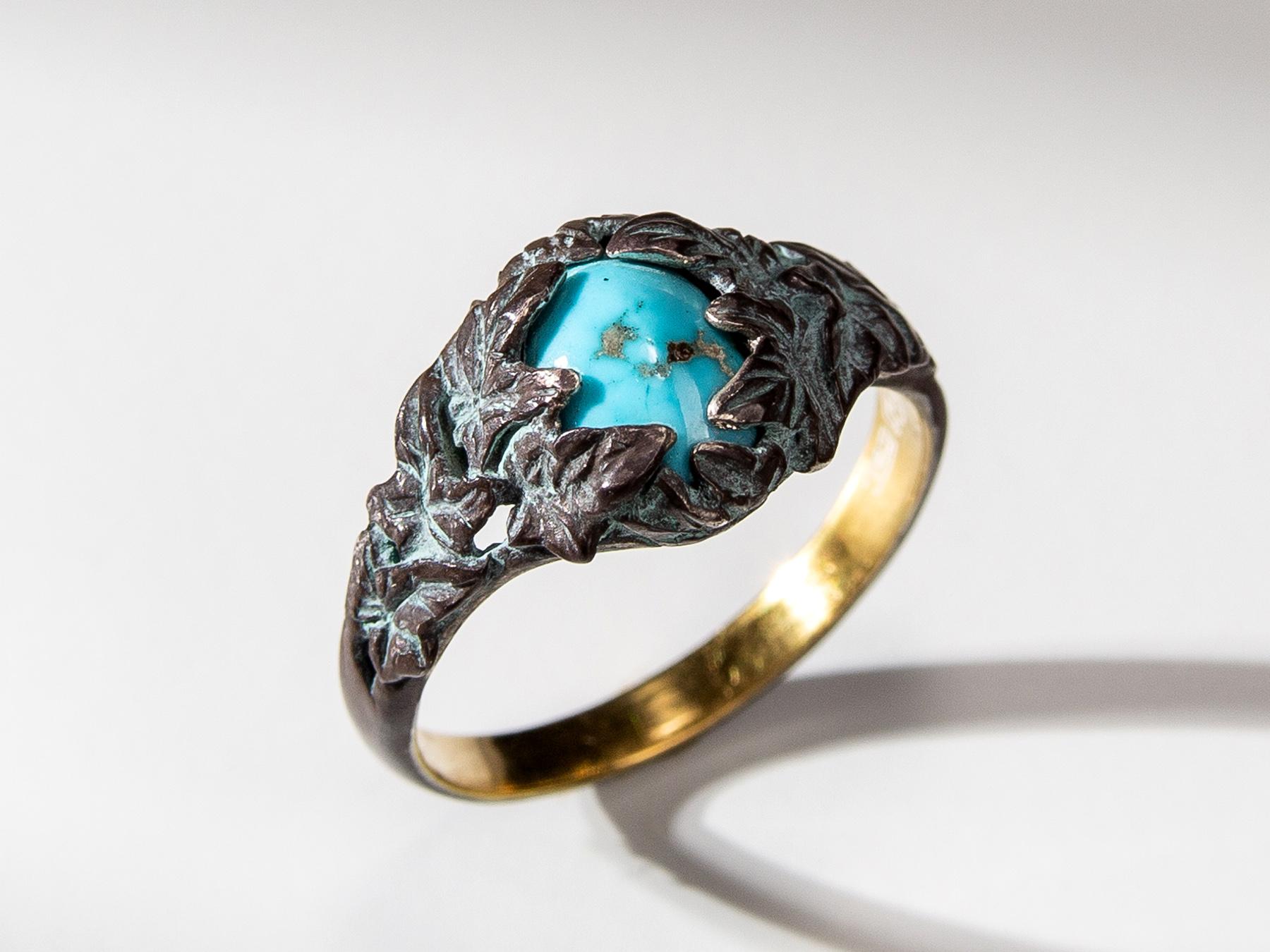 Ivy Ring Turquoise in Patinated Gold Silver Antique Style For Sale 1