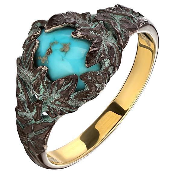 Ivy Ring Turquoise in Patinated Gold Silver Antique Style For Sale