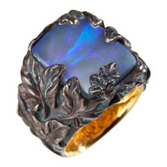 Ring Neon Australian Opal Black Silver Gold Patina Ivy pattern Lord of the ring
