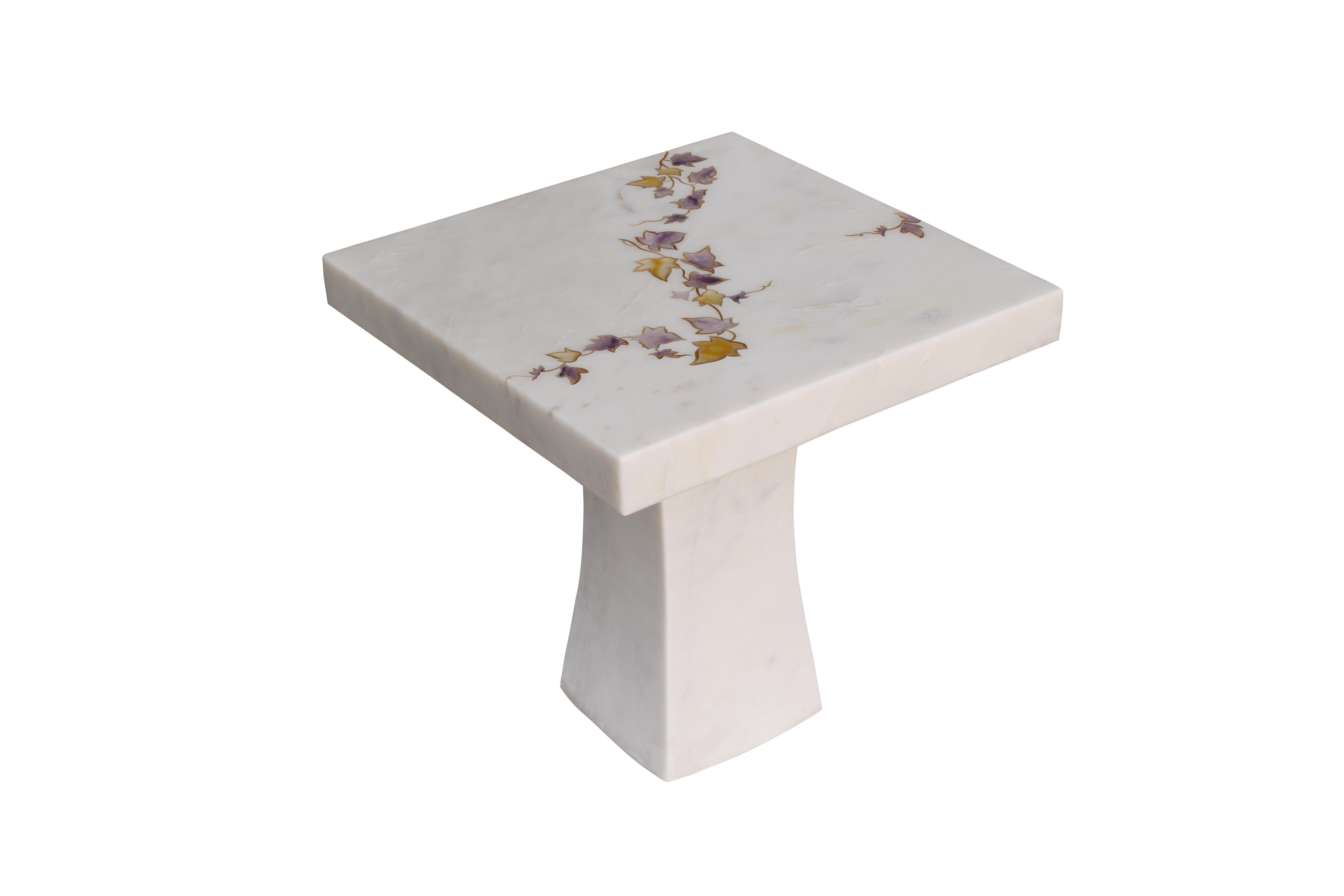 Ivy Side Table Inlay In White Marble Handcrafted In India By Stephanie Odegard For Sale 1