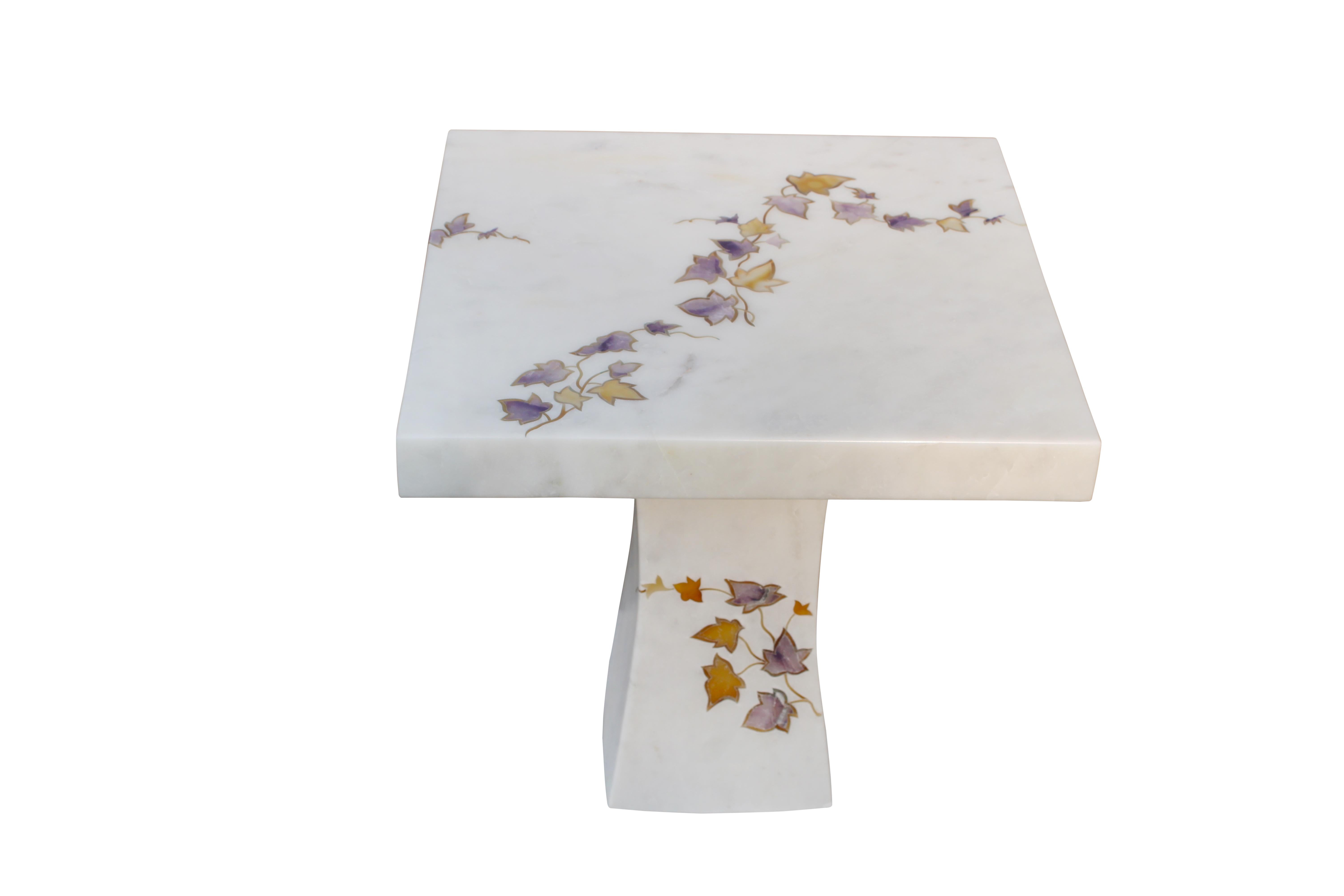 American Ivy Side Table Inlay In White Marble Handcrafted In India By Stephanie Odegard For Sale