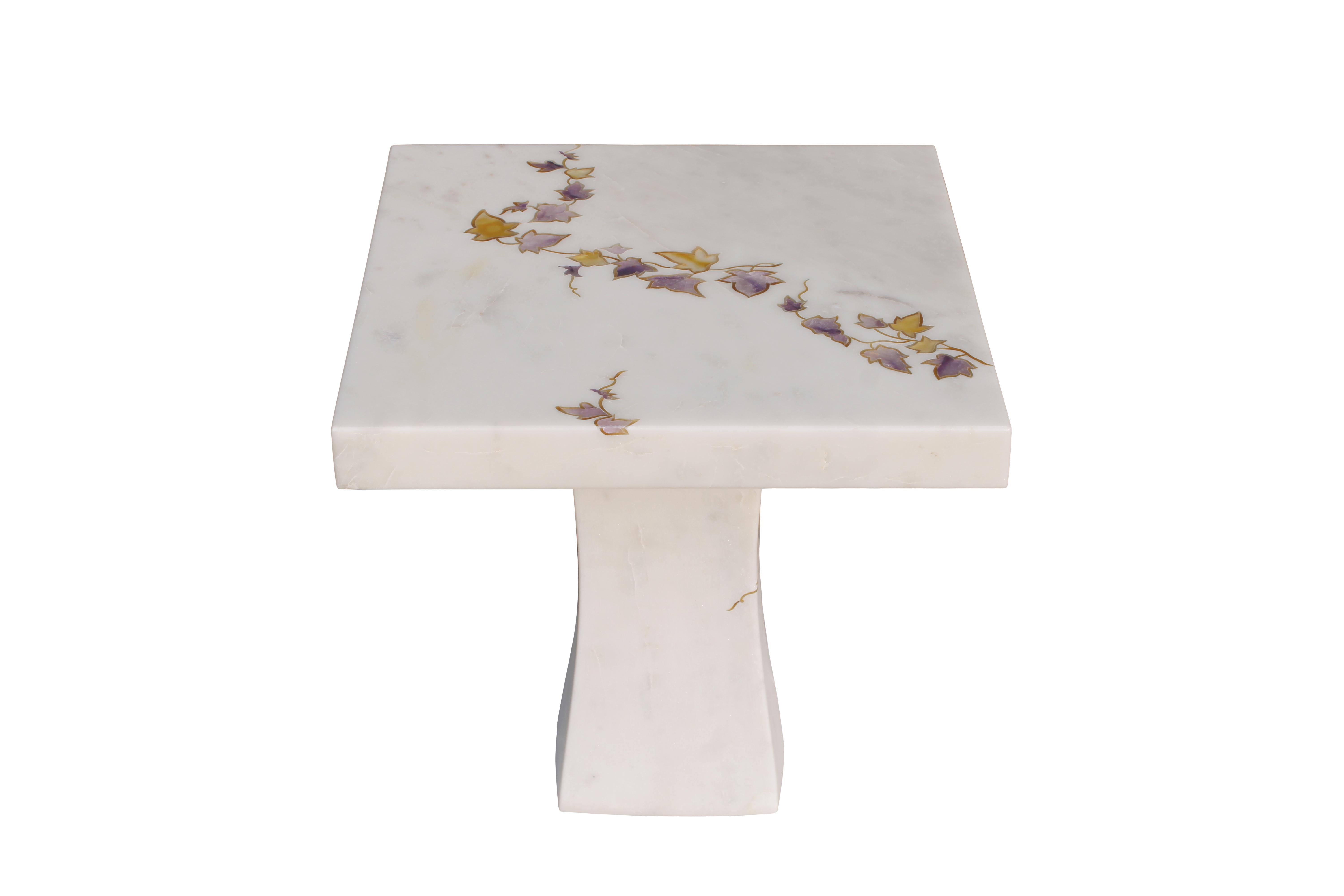 Contemporary Ivy Side Table Inlay In White Marble Handcrafted In India By Stephanie Odegard For Sale