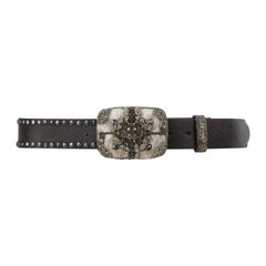 I.V.Y. Spain OOAK Rock & Roll Cintura in pelle marrone con borchie e fibbia in metallo con pirite