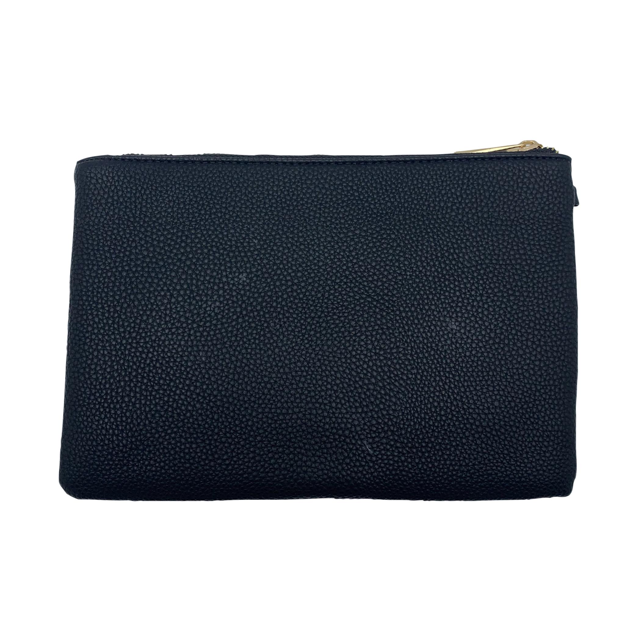 A simple, black leather zip-top pouch with a red line down the middle. Having metallic butterflies and beatles across the front.
Zip-top closure
Made in china         
Pocket inside.                                                                   