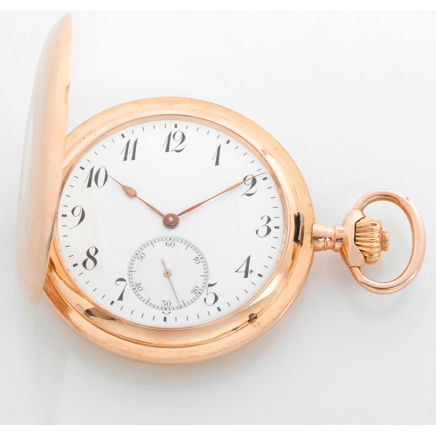 IWC 14k Gold Pocket Men's Hunting Case Antique Pocket Watch - Manual winding. 14k gold hunting case (56mm). White dial with Arabic numbers and sub second dial at 6 o'clock. Pre-owned with DeMesy box.

