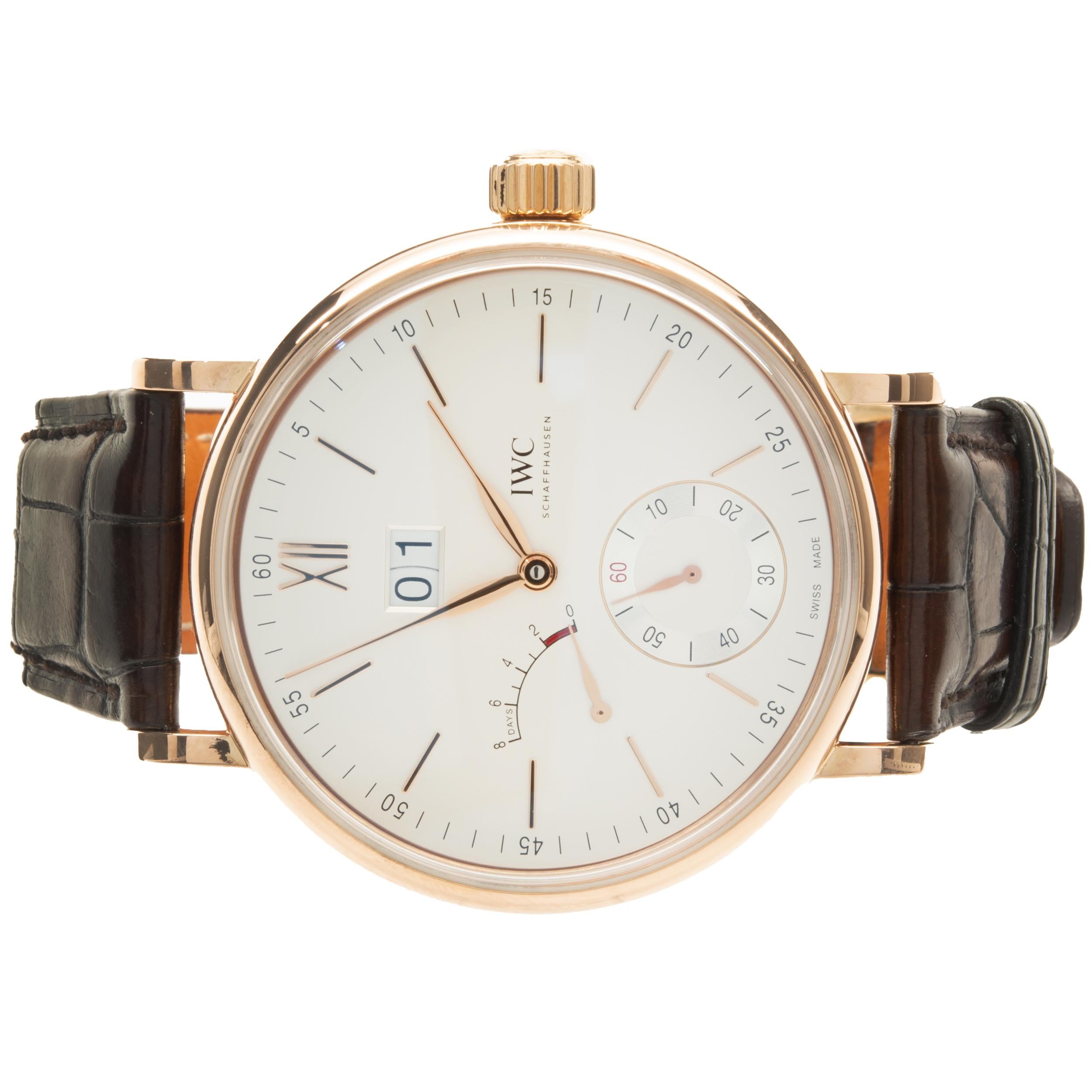 Brand: IWC
Movement: manual
Function: hour, minutes, seconds, date, 8-day power reserve
Case: 45mm 18K rose gold round case, sapphire crystal
Band: dark brown alligator leather strap by Santoni
Dial: silver stick
Reference #: IW5161
Serial #: