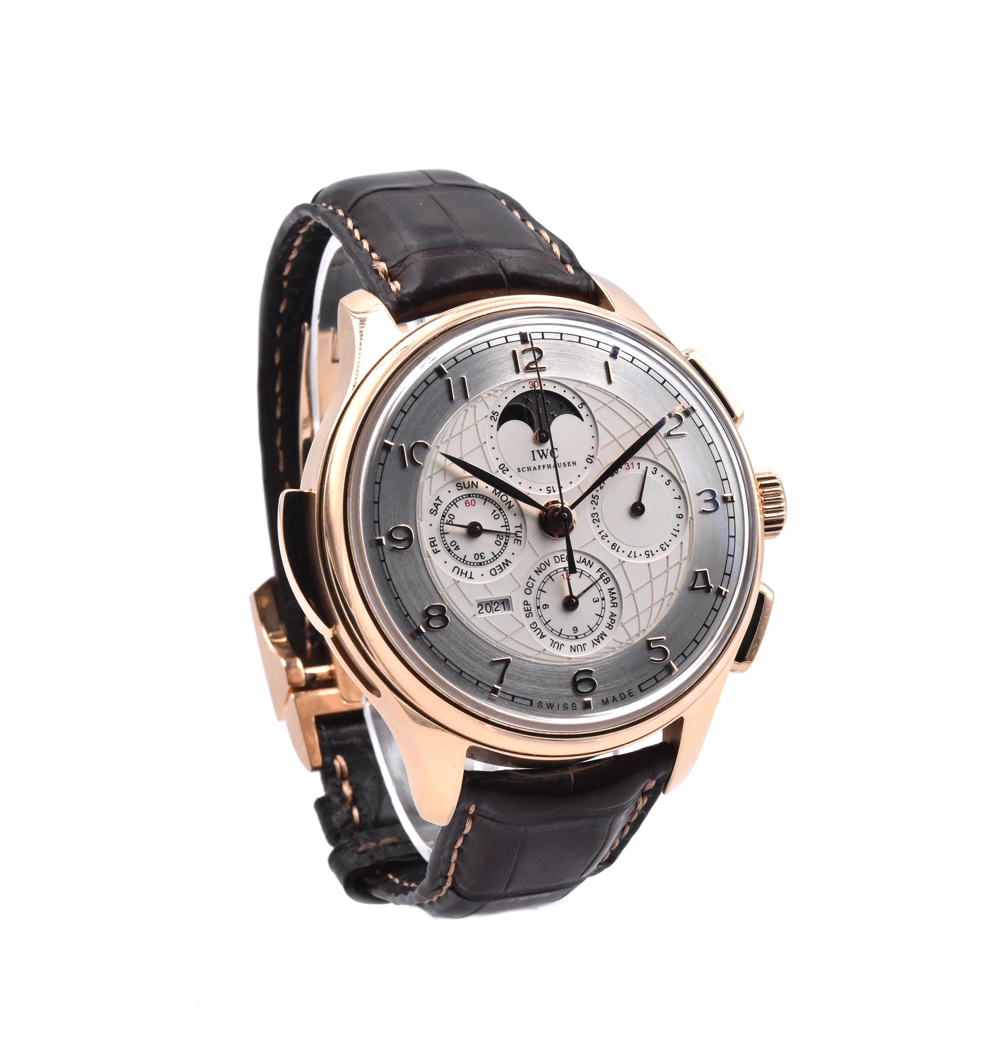 Designer: IWC
Movement: automatic
Function: Minute repeater for hours, quarters and minutes, Perpetual calendar with displays for the date, day, month, year in four digits and perpetual moon phase, Chronograph function with hours, minutes and