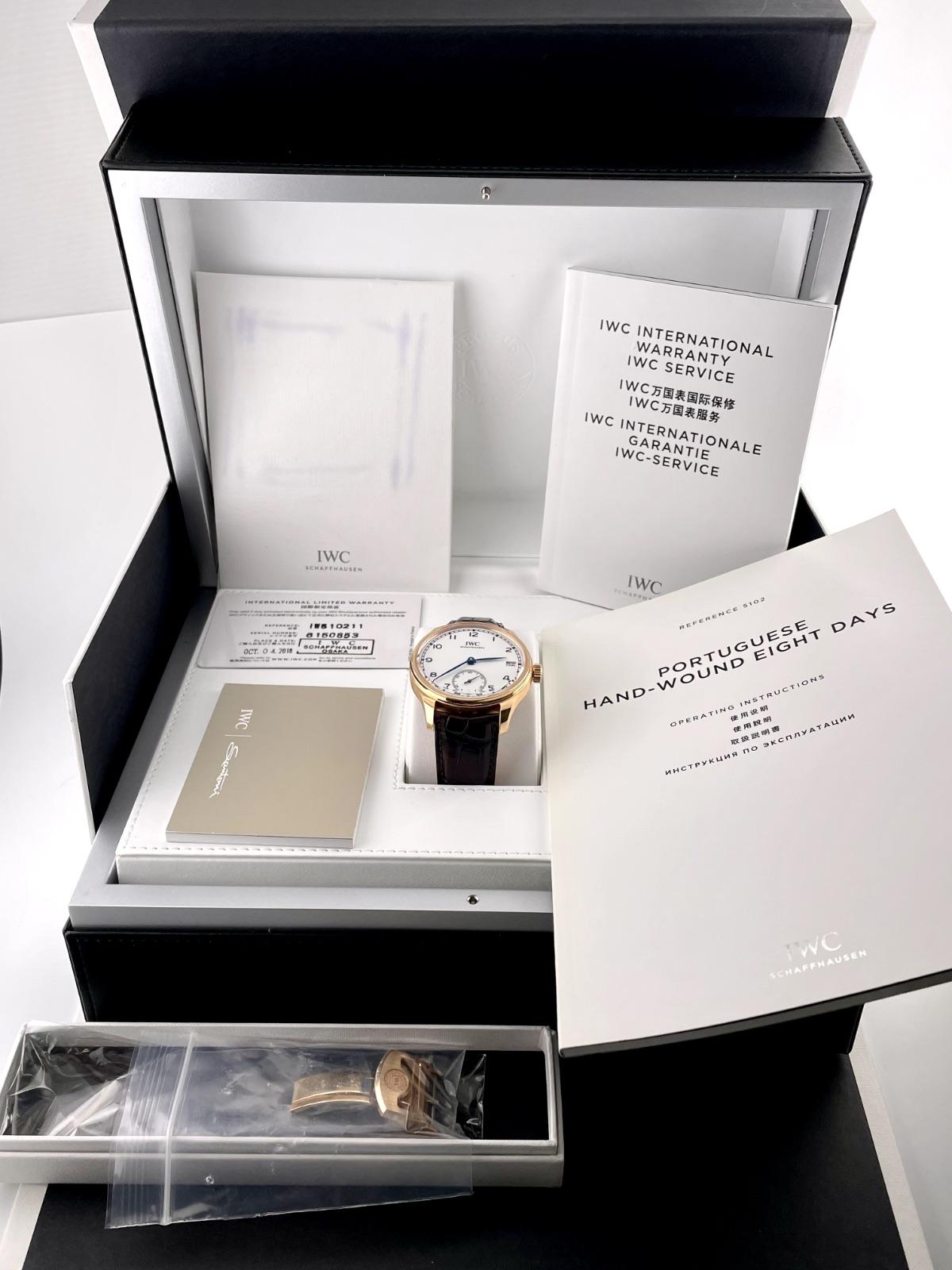 IWC 43MM Schaffhausen Portugieser 18k Rose Gold White Dial Leather Band IW510211 For Sale 5