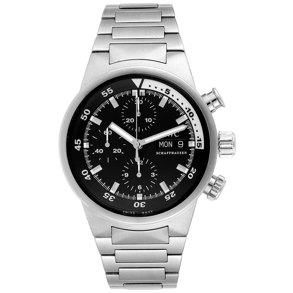 IWC Aquatimer Automatic Chronograph Day Date Mens Watch IW371928. Automatic self-winding movement. Stainless steel case 42.0 mm in diameter. Scratch resistant sapphire crystal. Black dial with index hour markers. Luminescent hands. Day and Date