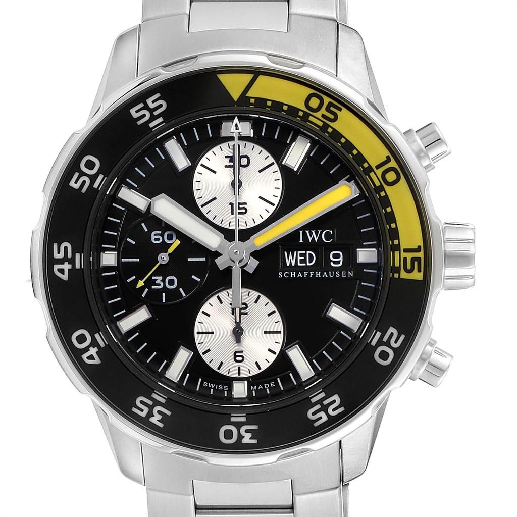 IWC Aquatimer Chronograph Black Yellow Day Date Mens Watch IW376701. Automatic self-winding movement. Stainless steel case 44.0 mm in diameter. Black unidirectional rotating bezel with luminescent numbers and luminescent yellow 15 minute zone.