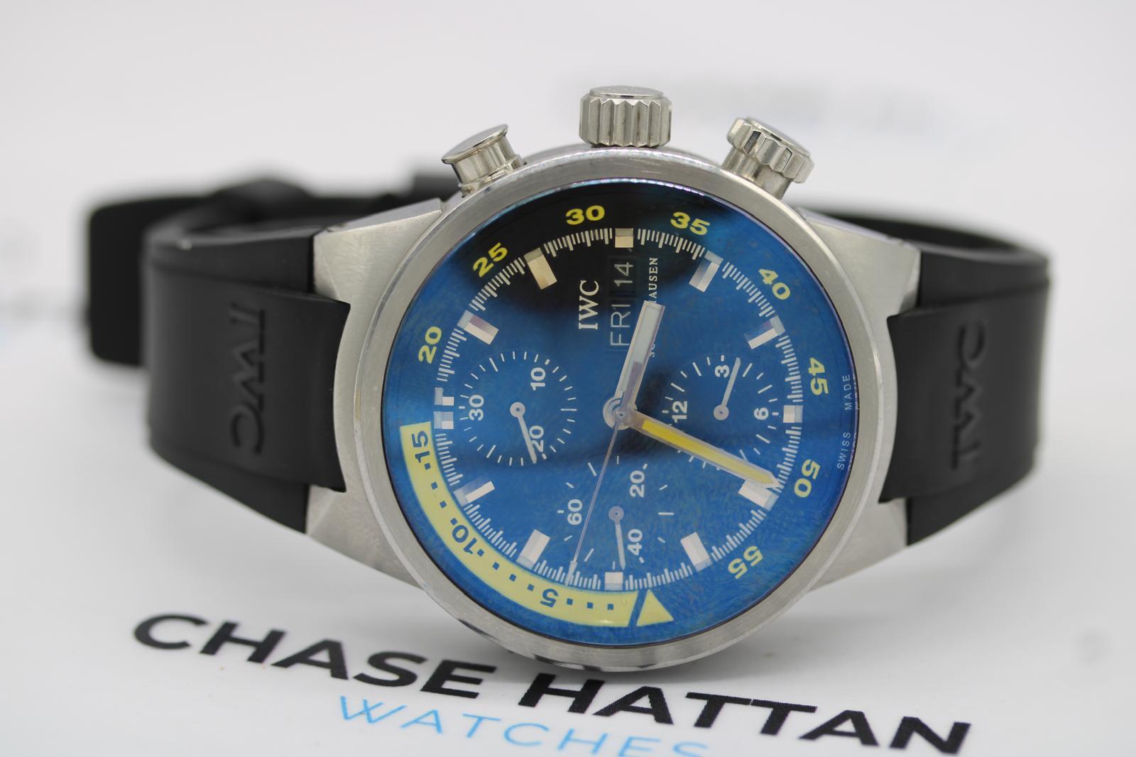 IWC Aquatimer Cronógrafo IW371918  Titanio  42mm Esfera Negra  Correa de caucho
El IWC Aquatimer Cronógrafo IW371918 encarna el equilibrio perfecto entre la utilidad de un robusto reloj de buceo y la refinada ingeniería de IWC. Fabricado con titanio