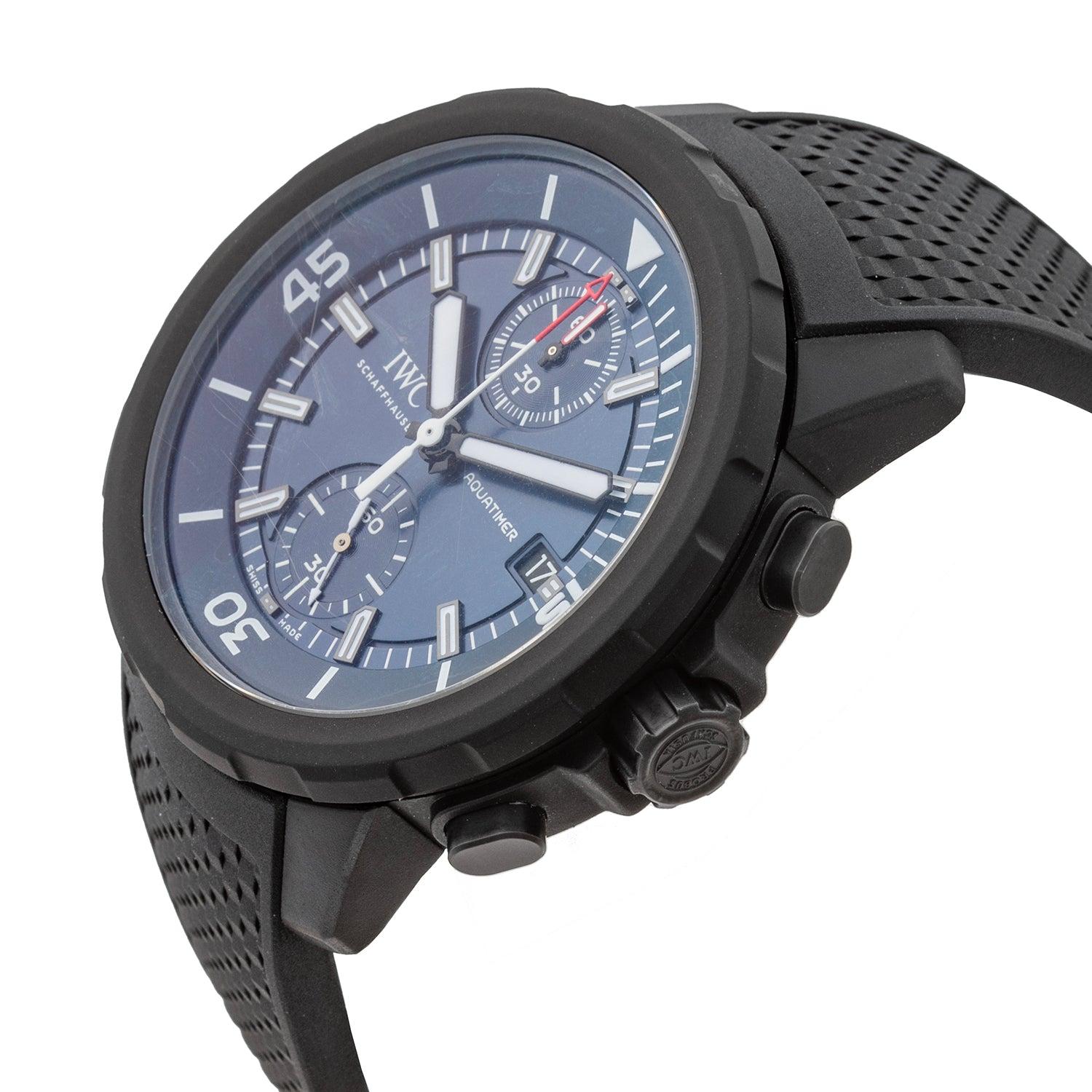 Pre-owned IWC Aquatimer Chronograph Edition “LAUREUS SPORT FOR GOOD” wristwatch (ref. IW379507), featuring a self-winding automatic movement; blue dial with Arabic numerals & luminous indices; date display at 3 o'clock; sapphire-crystal, transparent