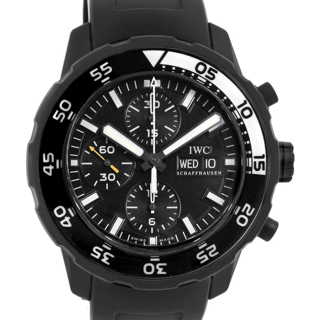 IWC Aquatimer Chronograph Rubber Strap Mens Watch IWC376705 Box Card. Automatic self-winding movement. Black ion-plated stainless steel case 44.0 mm in diameter. Black ion-plated unidirectional rotating bezel with silver 15 minute zone marks.
