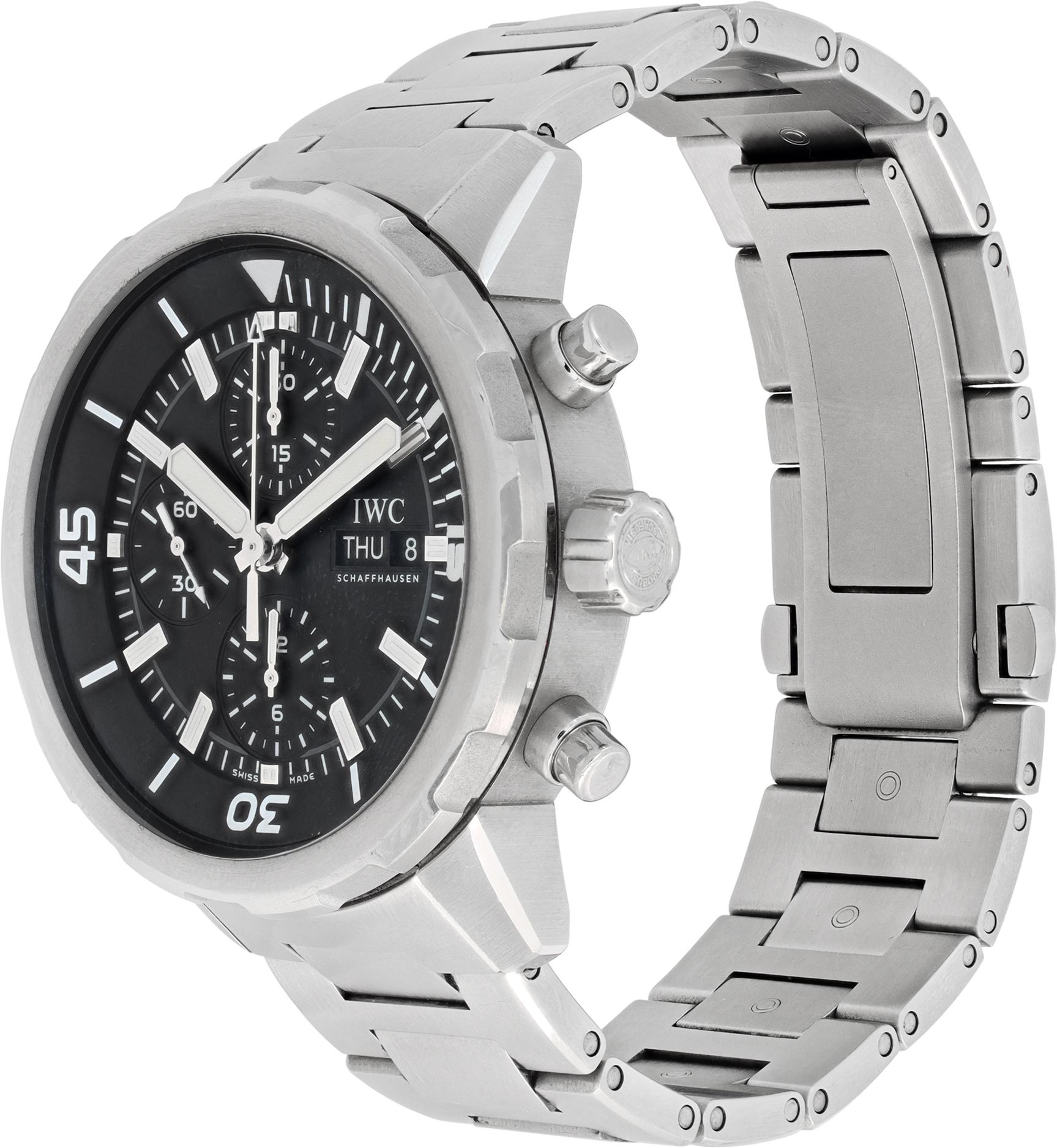 IWC Aquatimer Chronograph in stainless steel with black dial with an IWC stainless steel deployant buckle. Features a 44 hour power reserve and a 25 jewel movement. Auto w/ subseconds, date, day and chronograph. 44 mm case size. With IWC Stylus Tool
