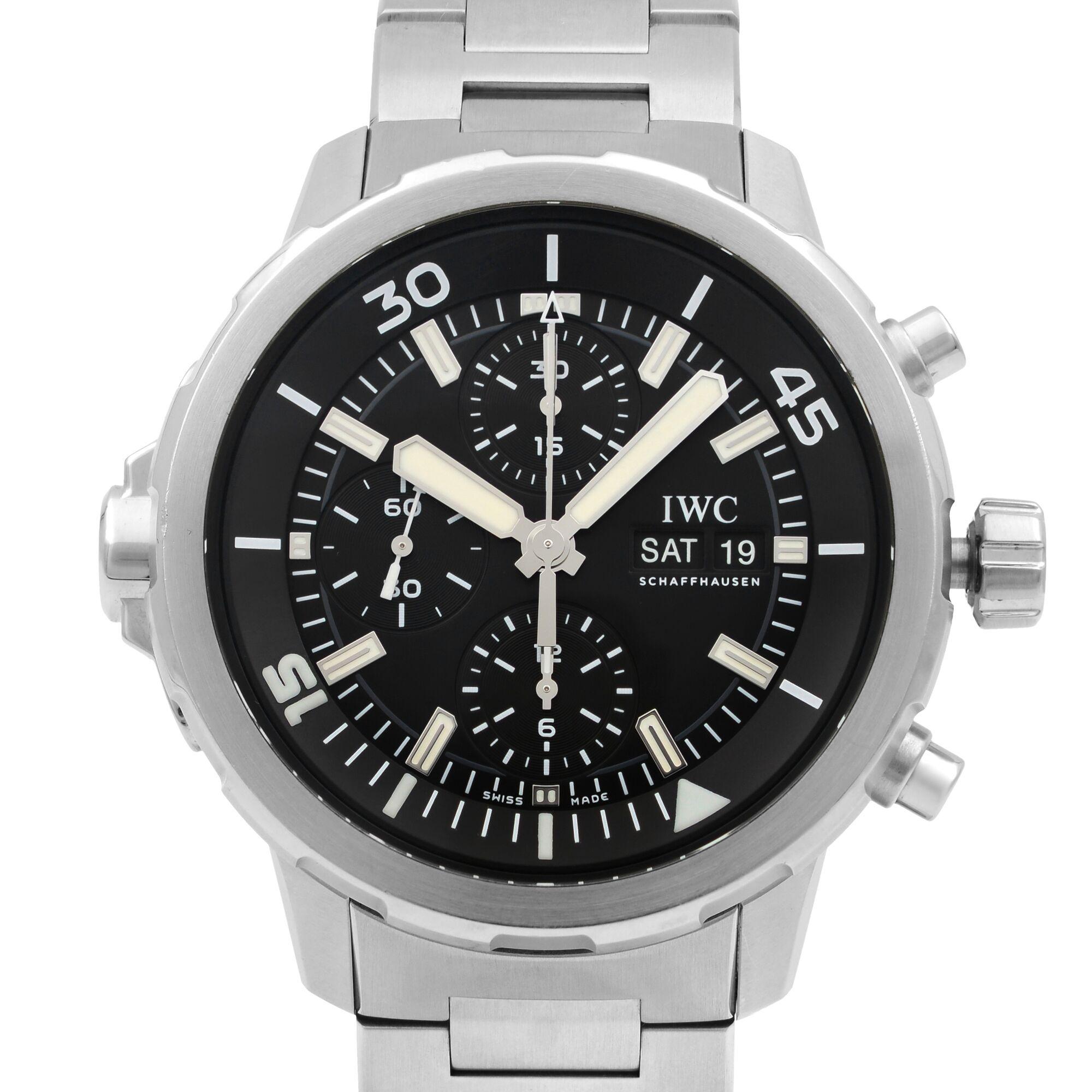 This pre-owned IWC Aquatimer IW376804 is a beautiful men's timepiece that is powered by mechanical (automatic) movement which is cased in a stainless steel case. It has a round shape face, day indicator, chronograph, chronograph hand, date