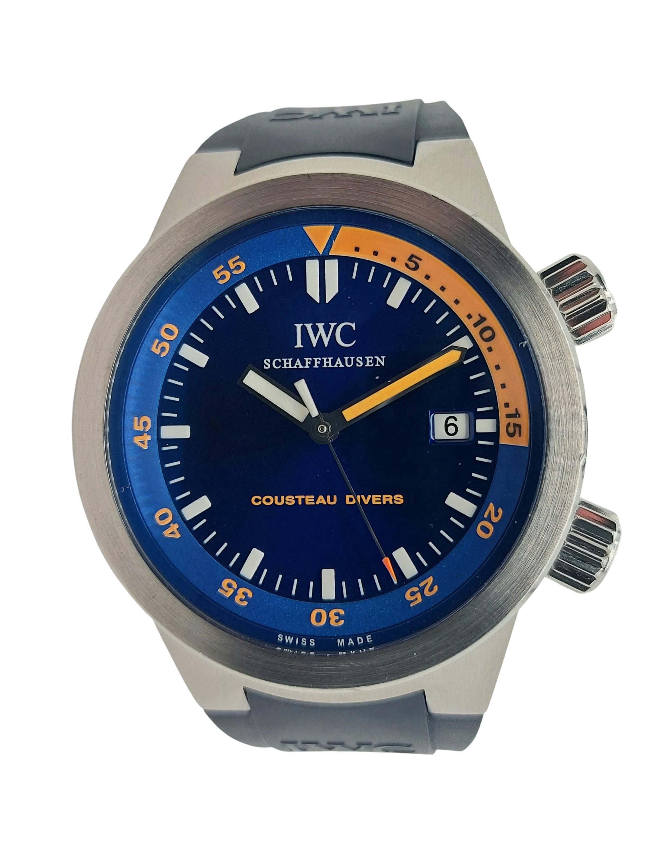 IWC Aquatimer Cousteau Diver, Automatic, Diameter 42mm, Full set! Top Condition

Movement: Automatic

Model: Aquatimer

Functions: Hour, Minutes, Seconds, Date window by 3 o'clock,  

Case: Stainless steel case, Diameter 42 mm, Thickness 13 mm,