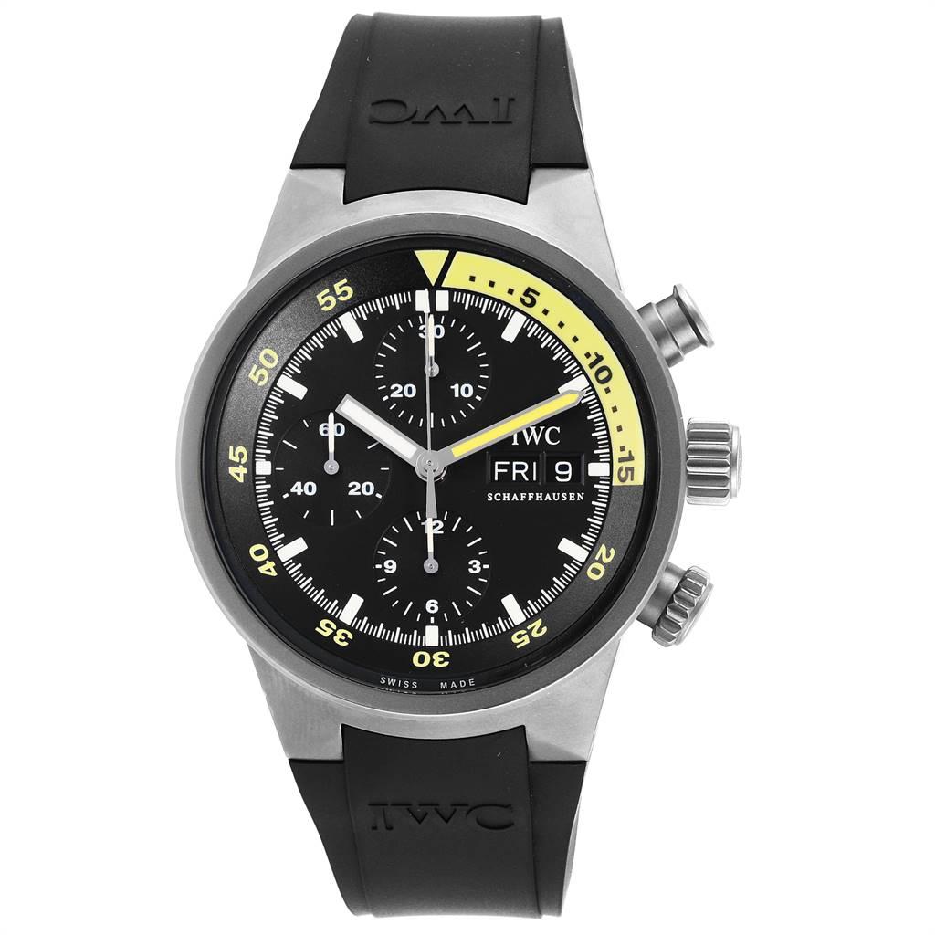 IWC Aquatimer GST Automatic Chronograph Day Date Mens Watch IW371918. Automatic self-winding movement. Titanium case 42.0 mm in diameter. Titanium bezel. Scratch resistant sapphire crystal. Black dial with index hour markers. Luminescent hands.