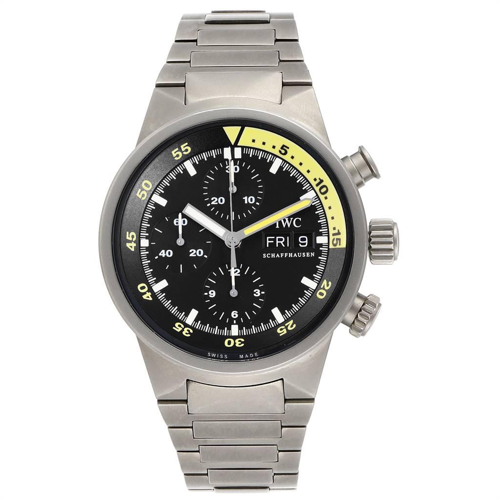 IWC Aquatimer GST Titanium Chronograph Day Date Mens Watch IW371903. Automatic self-winding chronograph movement. Titanium case 42.0 mm in diameter. Scratch resistant sapphire crystal. Black dial with index hour markers. Luminescent hands. Yellow