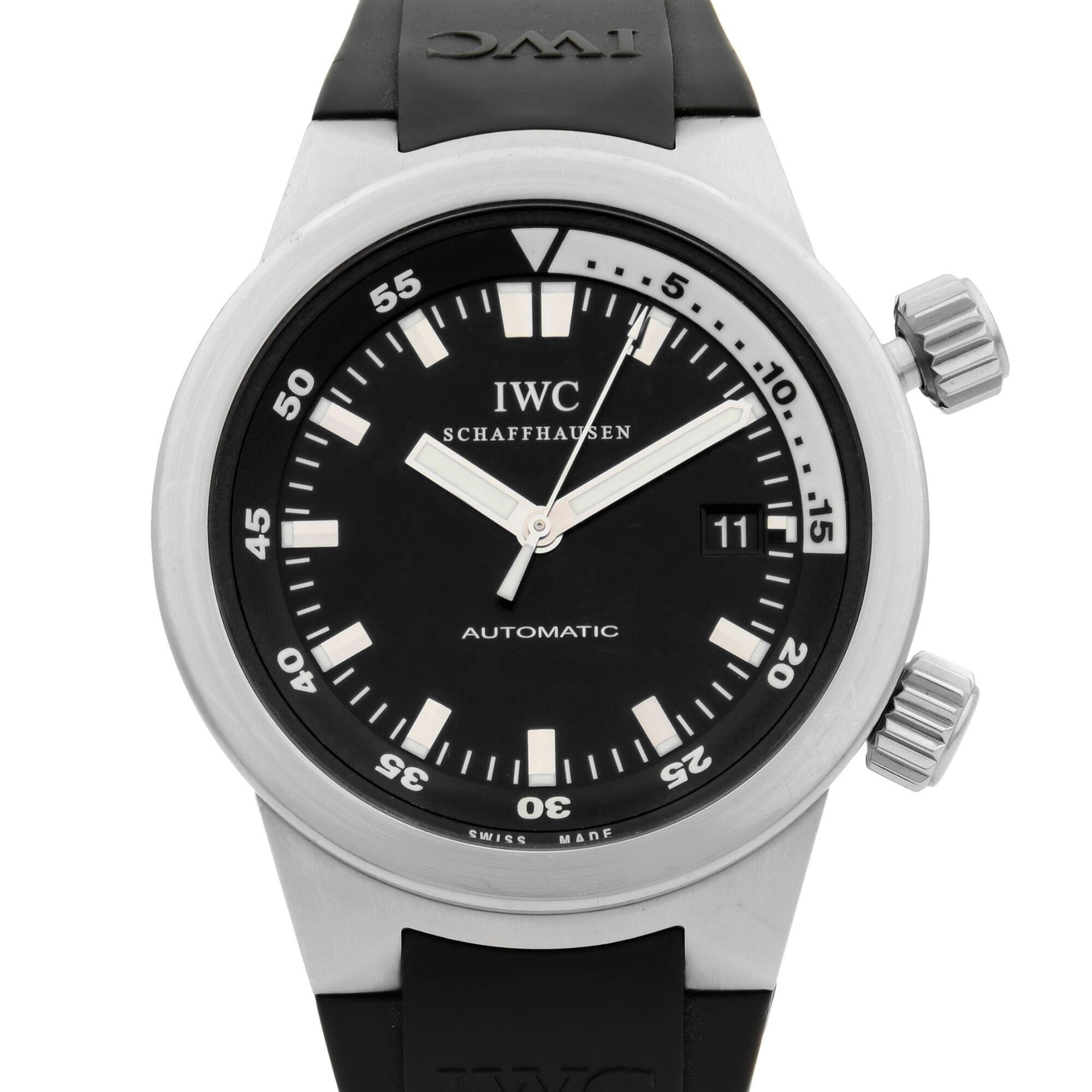 This pre-owned IWC Aquatimer IW3548 is a beautiful men's timepiece that is powered by mechanical (automatic) movement which is cased in a stainless steel case. It has a round shape face, date indicator dial and has hand sticks style markers. It is