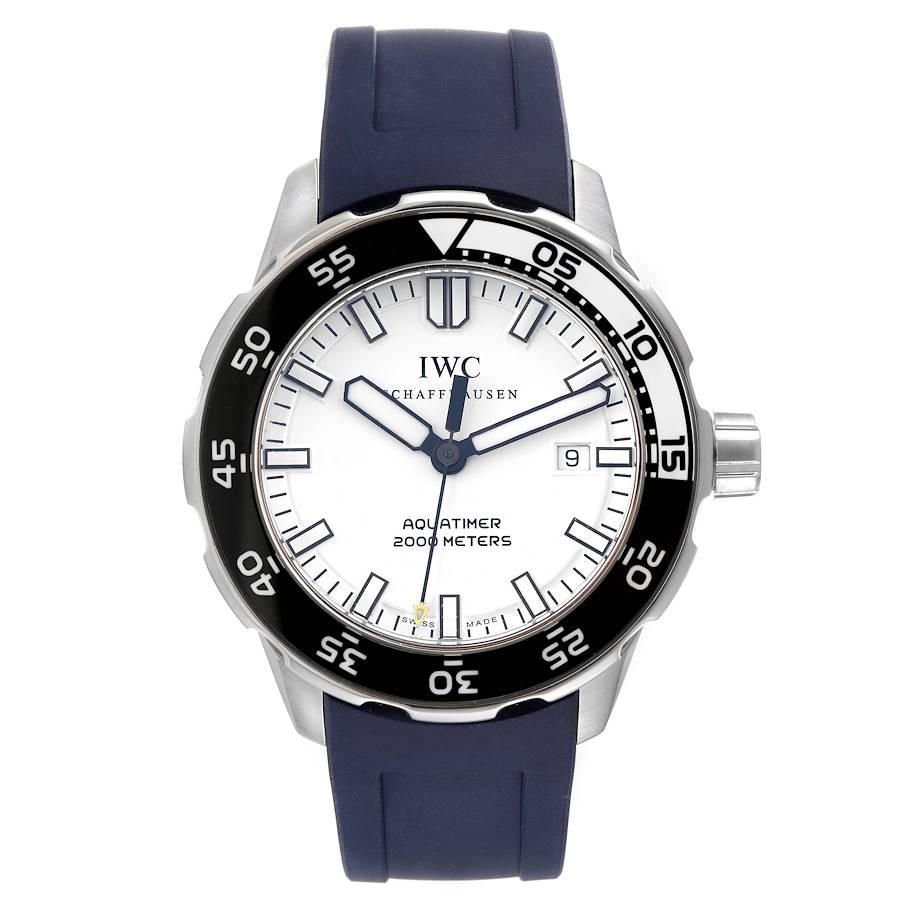 IWC Aquatimer White Dial Rubber Strap Mens Watch IW356805. Automatic self-winding movement. Stainless steel case 44.0 mm in diameter. Stainless steel uni-directional rotating insert with black and white luminous bezel insert. Scratch resistant