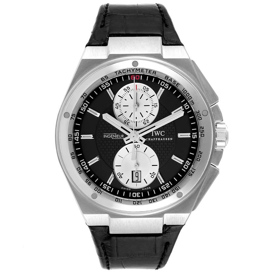 IWC Big Ingenieur Black Dial Steel Chronograph Mens Watch IW378401. Automatic self-winding movement. Stainless steel case 45 mm in diameter. Exhibition transparent sapphire crystel case back. . Scratch resistant anti-peflective sapphire crystal.