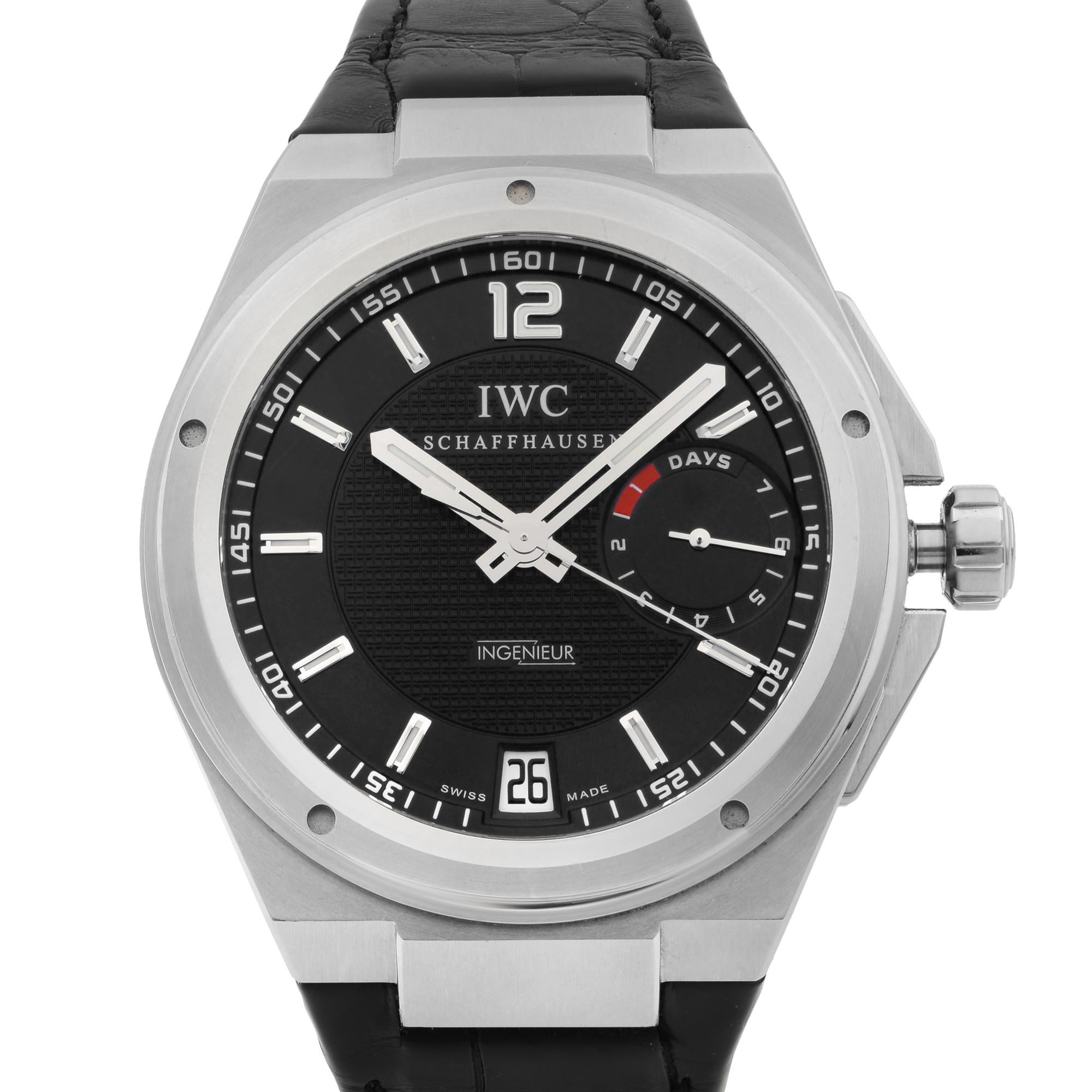 This pre-owned IWC Ingenieur  IW500501 is a beautiful men's timepiece that is powered by mechanical (automatic) movement which is cased in a stainless steel case. It has a round shape face, date indicator, power reserve indicator dial and has hand