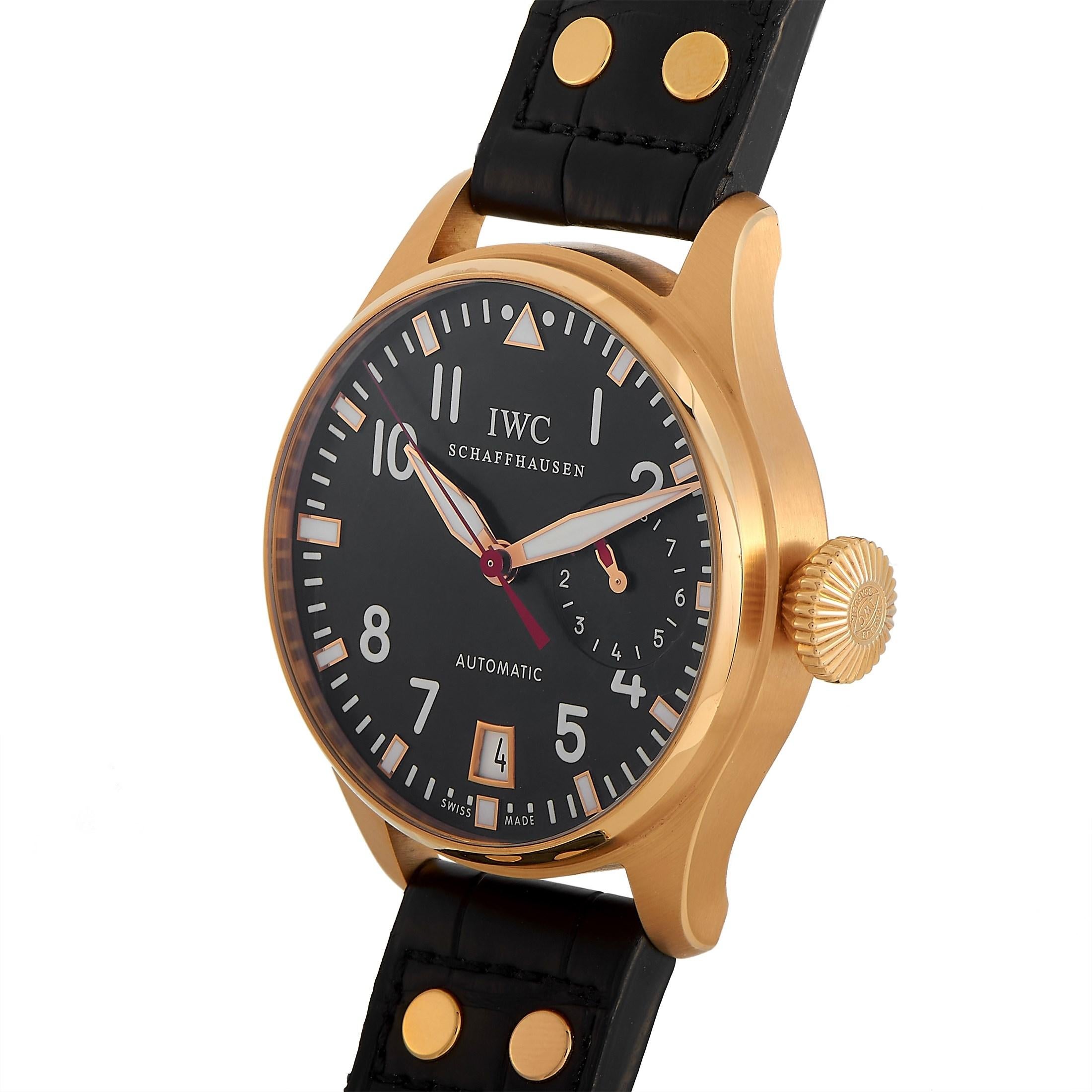 The IWC Big Pilot Buenos Aires Watch, reference number IWC5004-23, is a limited edition design made for Argentinian jeweler Simonetta Orsini. 

This impeccable timepiece’s 46mm case is exquisitely crafted from 18K Rose Gold. A sleek black dial