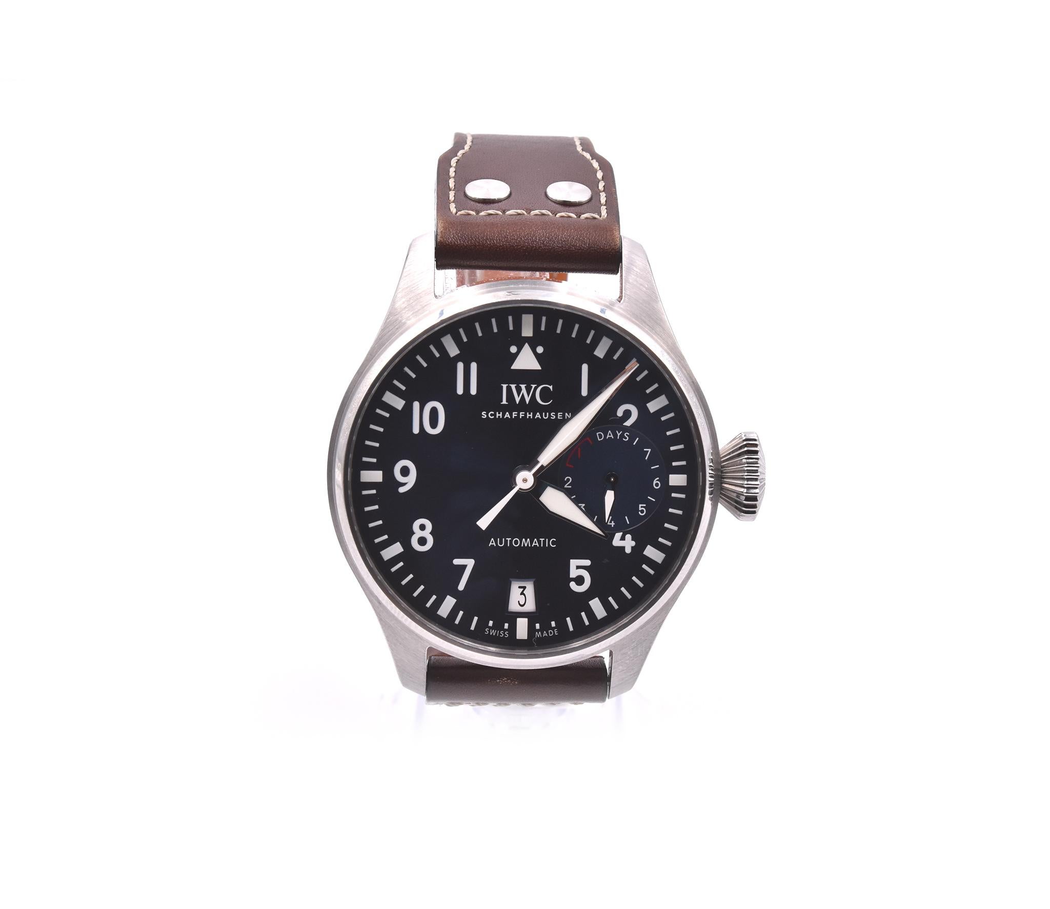 Movement: automatic calibre 52110
Function: hours, minutes, sweep seconds, date, power reserve indicator, 168 hours power reserve
Case: 46.2mm stainless steel case, sapphire crystal, 
Band: brown calfskin IWC strap with steel IWC deployment