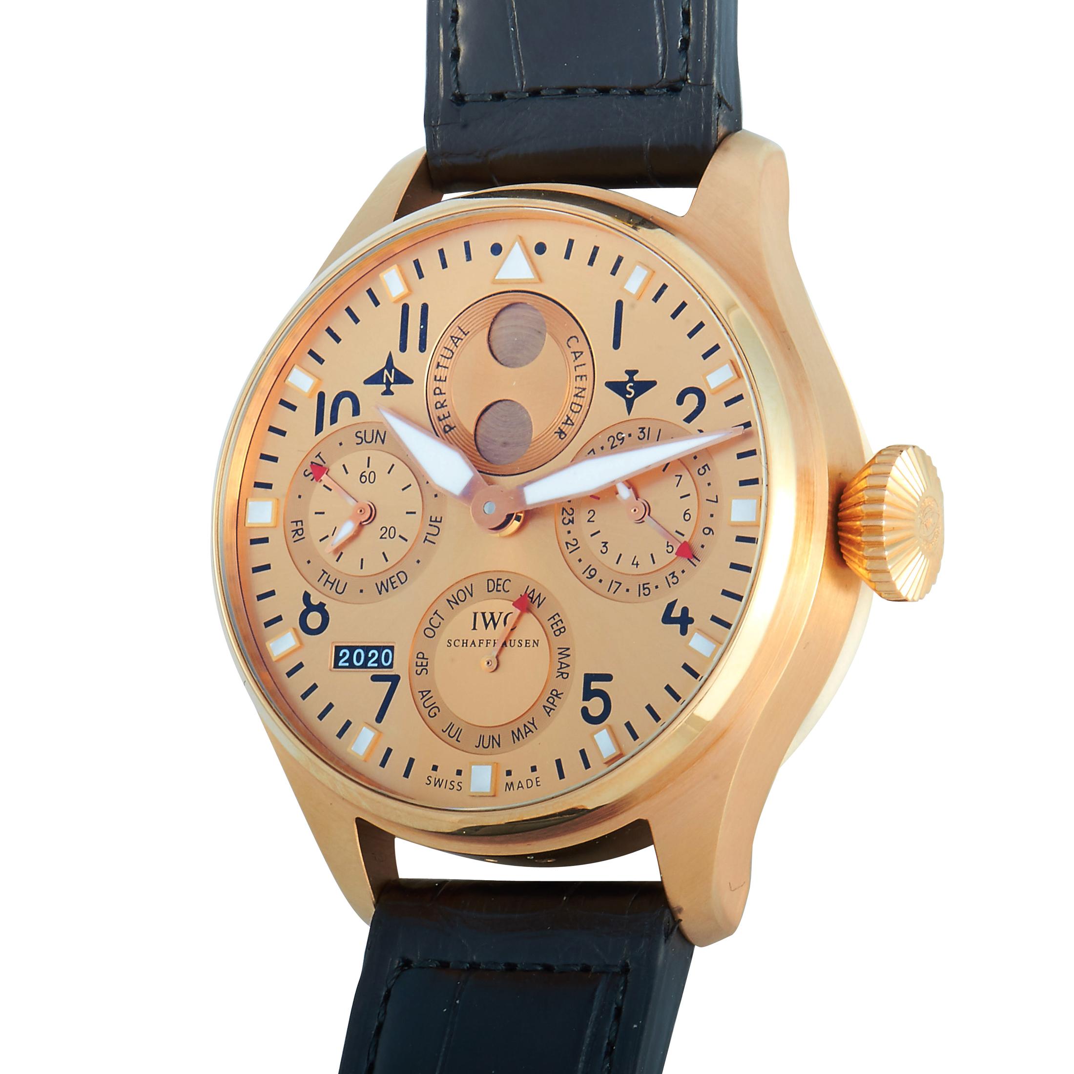 The IWC Big Pilot Perpetual Calendar Special Edition watch, reference number IW502639, comes with an 18K rose gold case that boasts transparent back. The case is presented on a black alligator leather strap fitted with a deployment clasp. This model